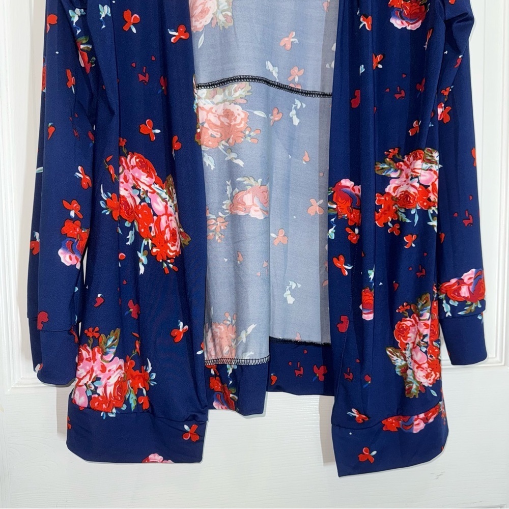 Navy Blue Floral Open Front Long Sleeve Cardigan - Picture 7 of 14